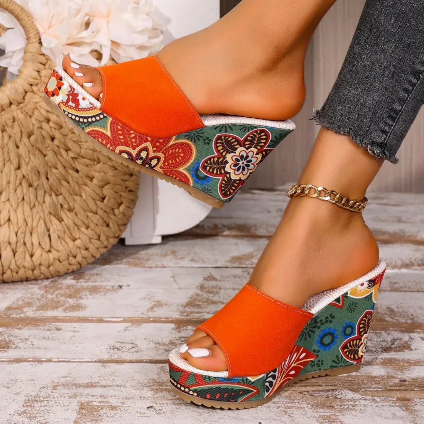 Velvet wedge mule sandal with floral printed heel detail for women | Boheme