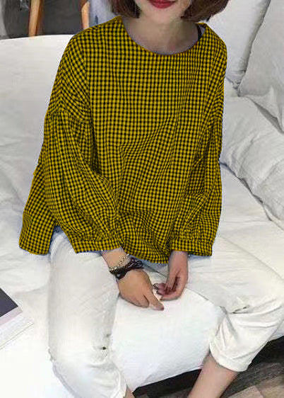 Plaid asymmetric plus-size cotton blouse for women -10