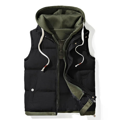 Hooded puffer gilet with zip front and contrast detail for men | Aspen