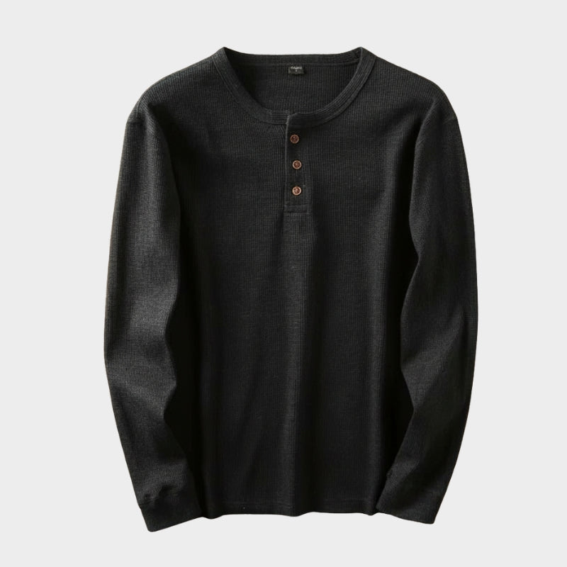 Relaxed fit waffle knit henley long sleeve top for men | Ardin