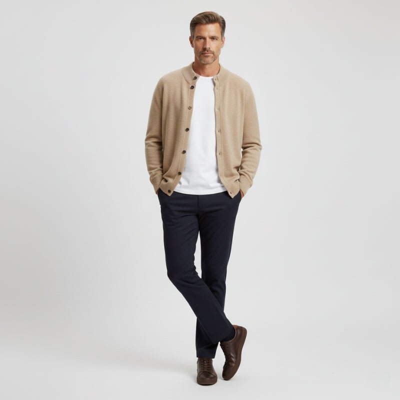Refined button front knit jacket with ribbed detailing for men | Caelric