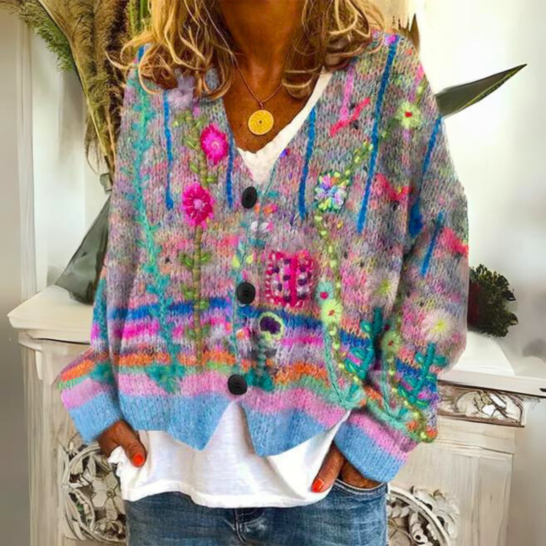 Relaxed floral embroidered bohemian cardigan for women | Elisa -1