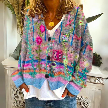 Relaxed floral embroidered bohemian cardigan for women | Elisa -1