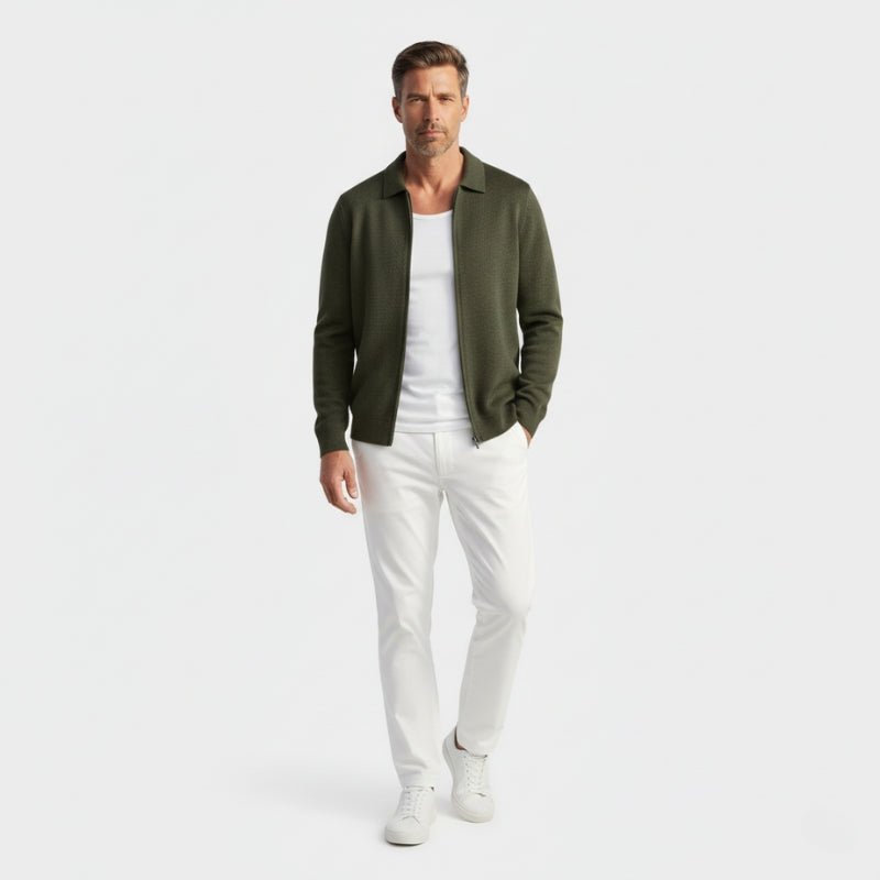 Refined zip up knit jacket with structured collar for men | Valenor