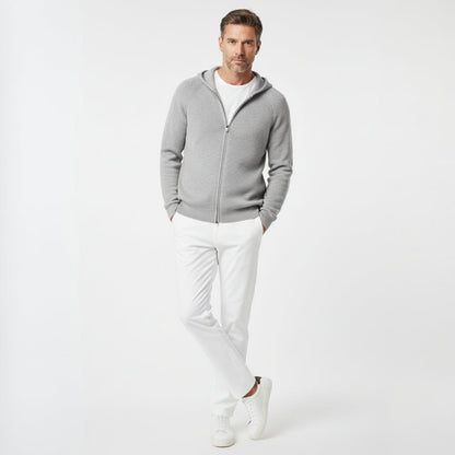Lightweight full zip knit hoodie with ribbed trim for men | Orvane