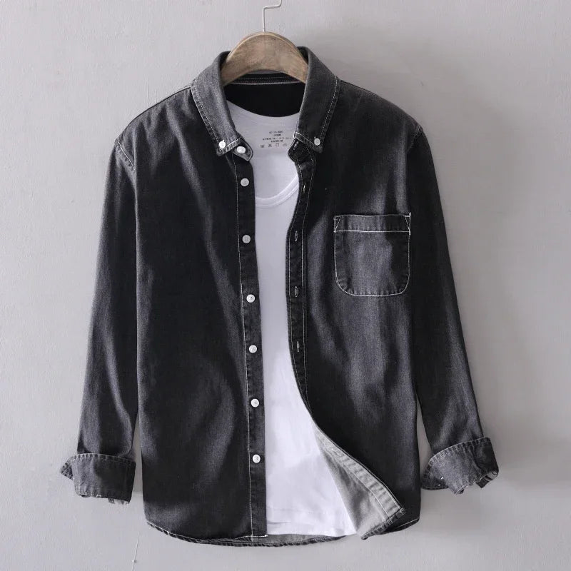 Denim button down shirt with classic chest pocket detail for men | Heritage