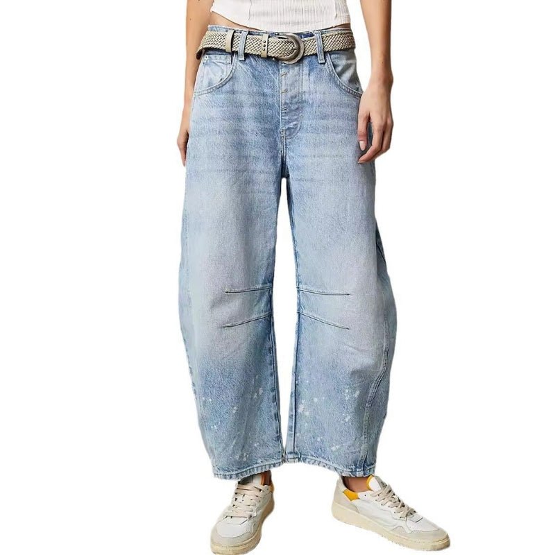 Mid rise barrel leg jeans with sculpted knee darts for women | Elira