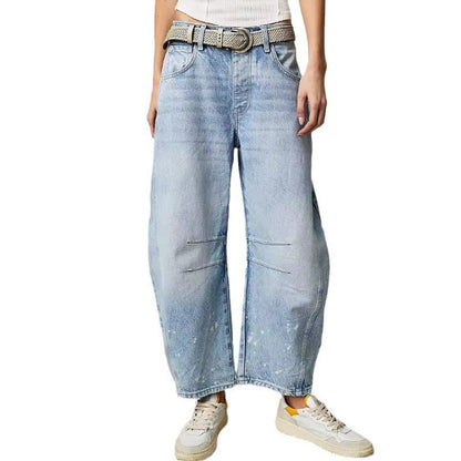 Mid rise barrel leg jeans with sculpted knee darts for women | Elira