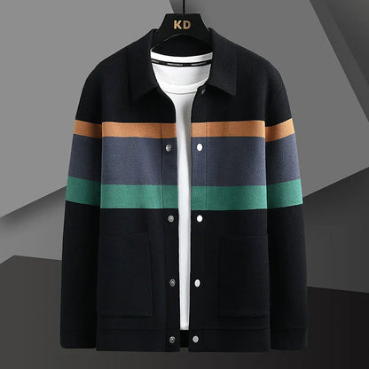 Striped varsity knit jacket with button up front detail for men | Camden
