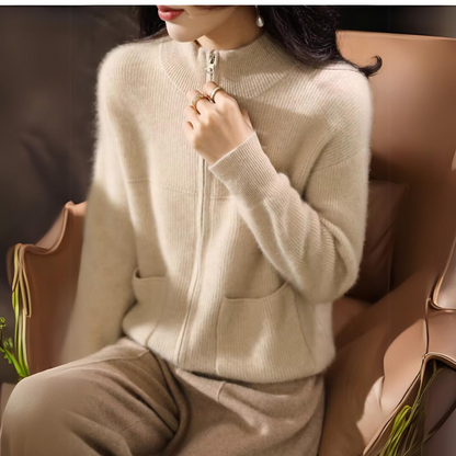 Soft knit zip-up sweater with high neckline for women | Catherine Vale