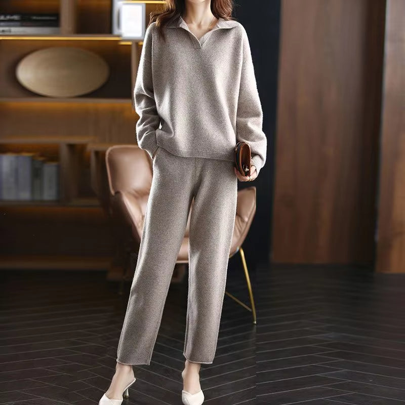 Relaxed two piece lounge set with polished collar detail for women | Clairmont