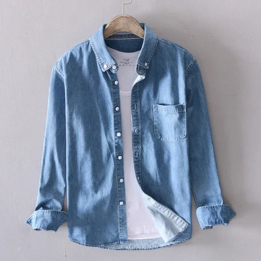 Denim button down shirt with classic chest pocket detail for men | Heritage