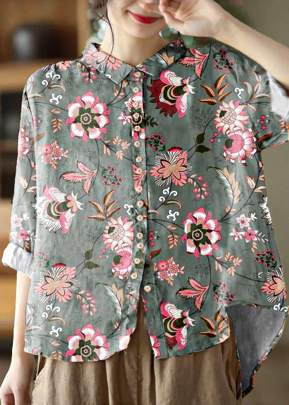Peter-pan collar print cotton blouse for women -8