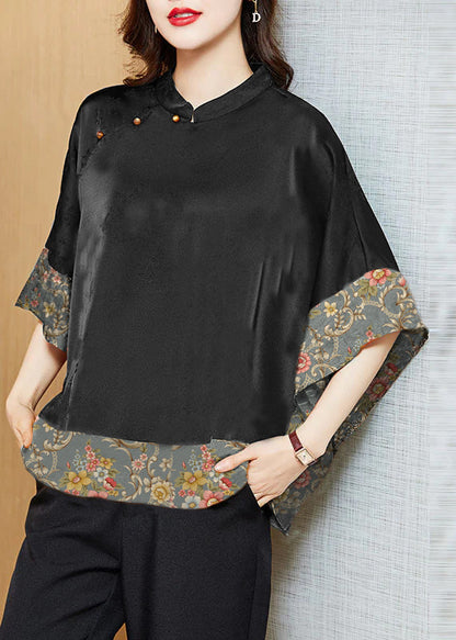 Vintage mandarin-collar jacquard silk blouse for women -7