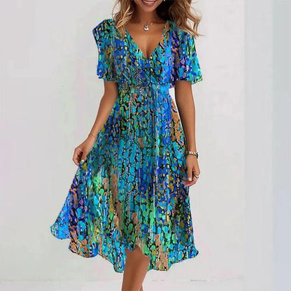 Floral chiffon midi dress with flutter sleeves for women | Elara