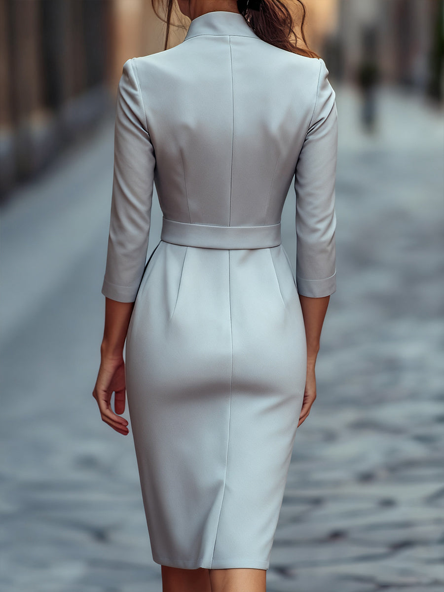 Black Belted Sheath Dress with Mandarin Collar for women | Arvella