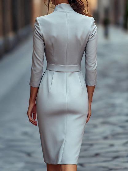 Black Belted Sheath Dress with Mandarin Collar for women | Arvella