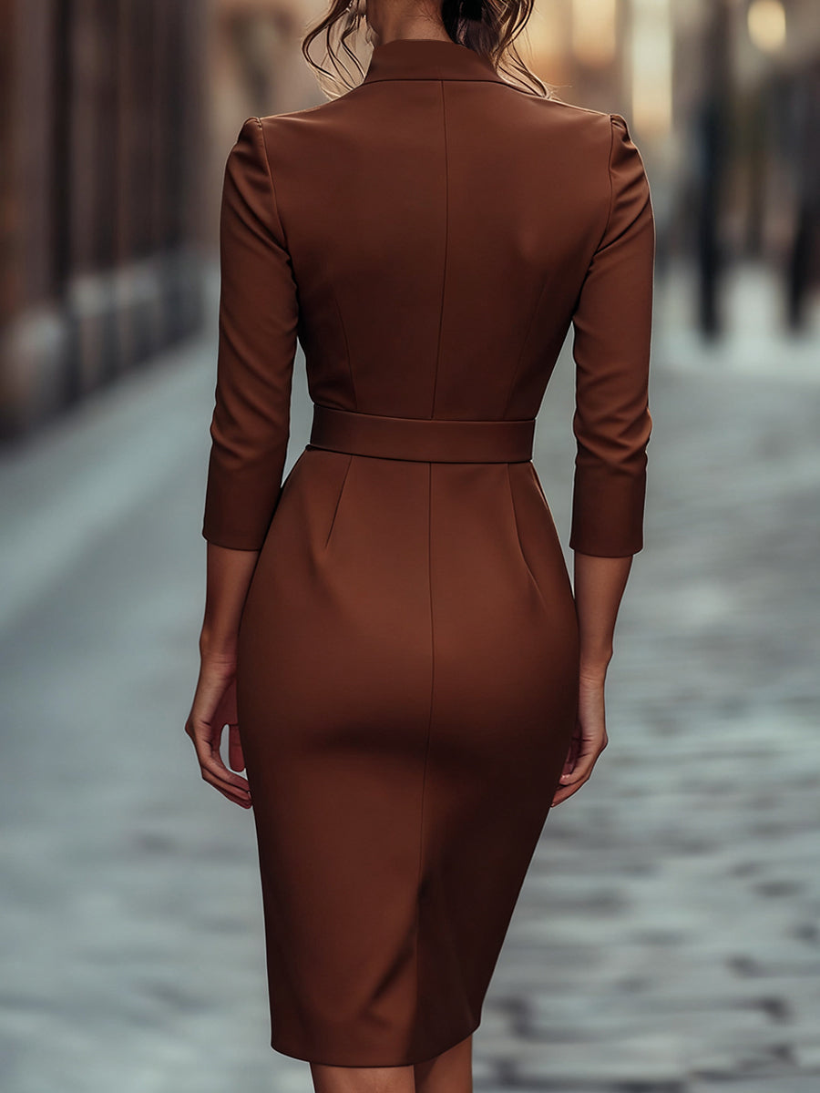 Black Belted Sheath Dress with Mandarin Collar for women | Arvella