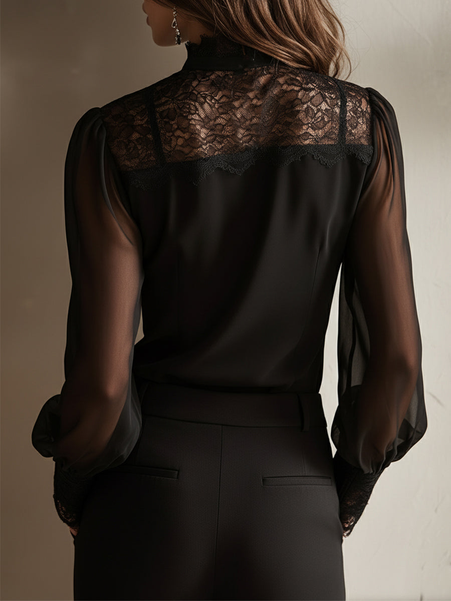 Retro lace tie-neck chiffon blouse for women -3