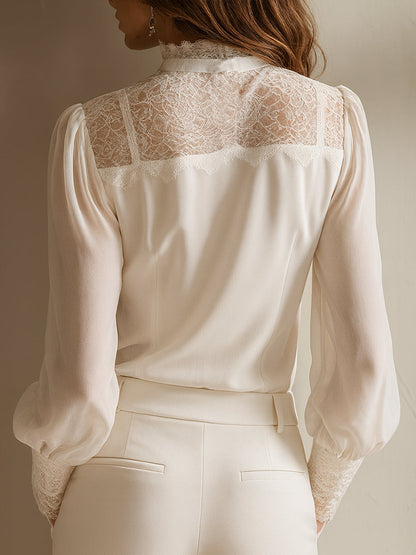Retro lace tie-neck chiffon blouse for women -5