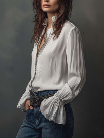 Elegant zip-front flounce-cuff blouse for women -2