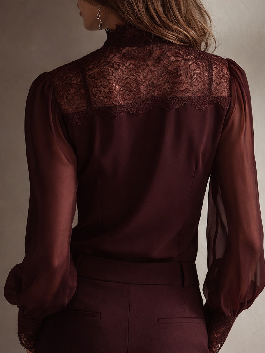 Retro lace tie-neck chiffon blouse for women -7