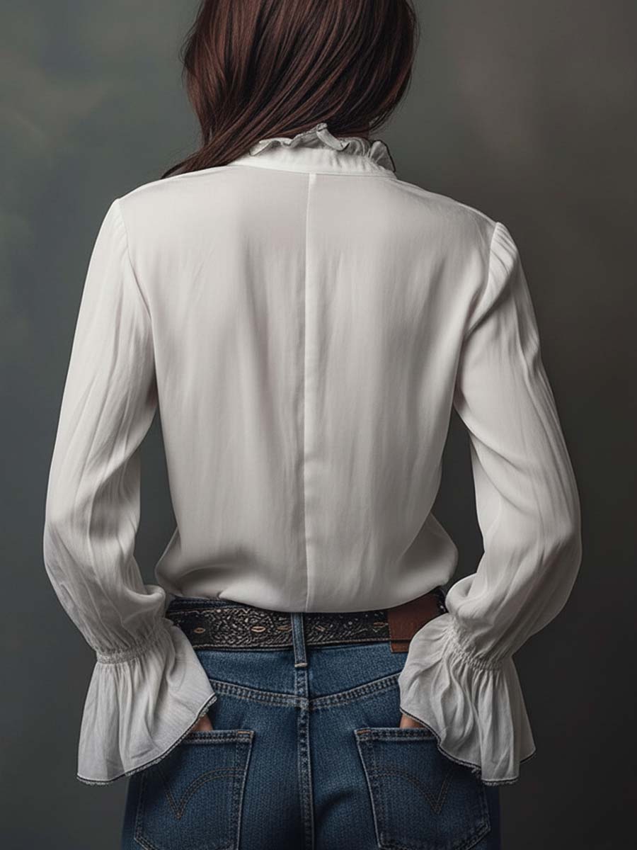 Elegant zip-front flounce-cuff blouse for women -9
