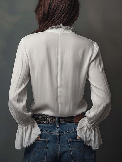 Elegant zip-front flounce-cuff blouse for women -9