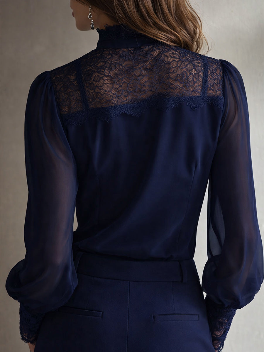 Retro lace tie-neck chiffon blouse for women -9