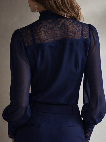 Retro lace tie-neck chiffon blouse for women -9