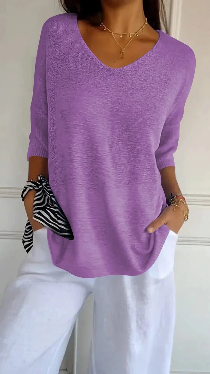 V-neck lightweight knit top with three-quarter sleeves for women | Maren