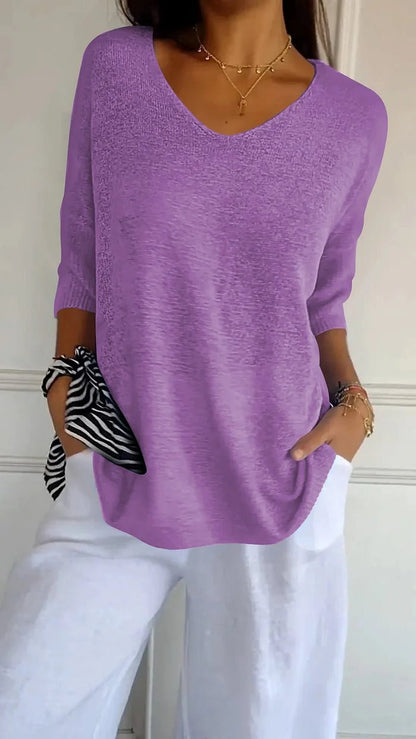 V-neck lightweight knit top with three-quarter sleeves for women | Maren