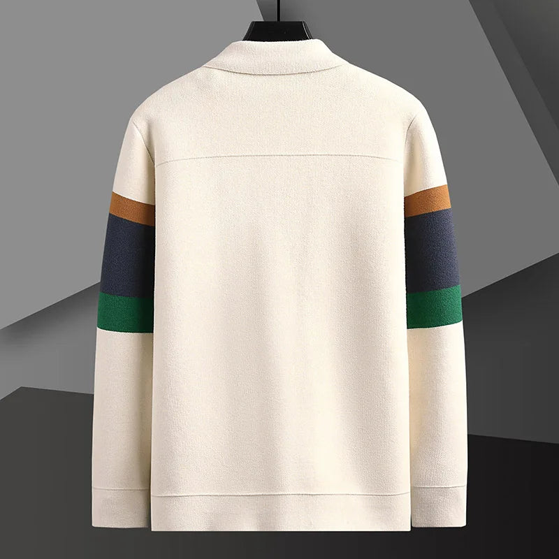 Striped varsity knit jacket with button up front detail for men | Camden