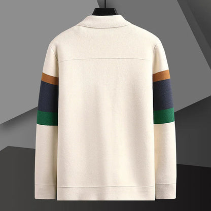 Striped varsity knit jacket with button up front detail for men | Camden