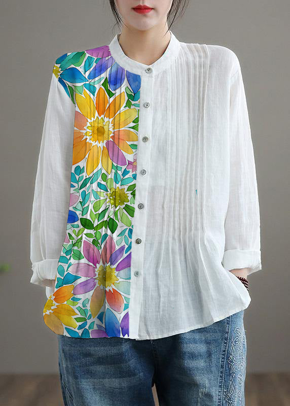 Relaxed stand-collar linen tunic blouse for women -12