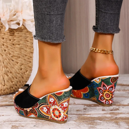 Velvet wedge mule sandal with floral printed heel detail for women | Boheme