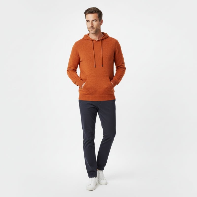Tailored fit knit hoodie with ribbed detailing for men | Arvion