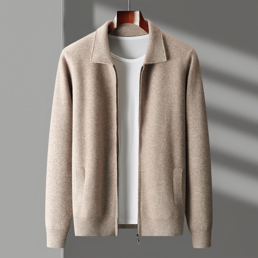 Refined zip up knit jacket with structured collar for men | Valenor