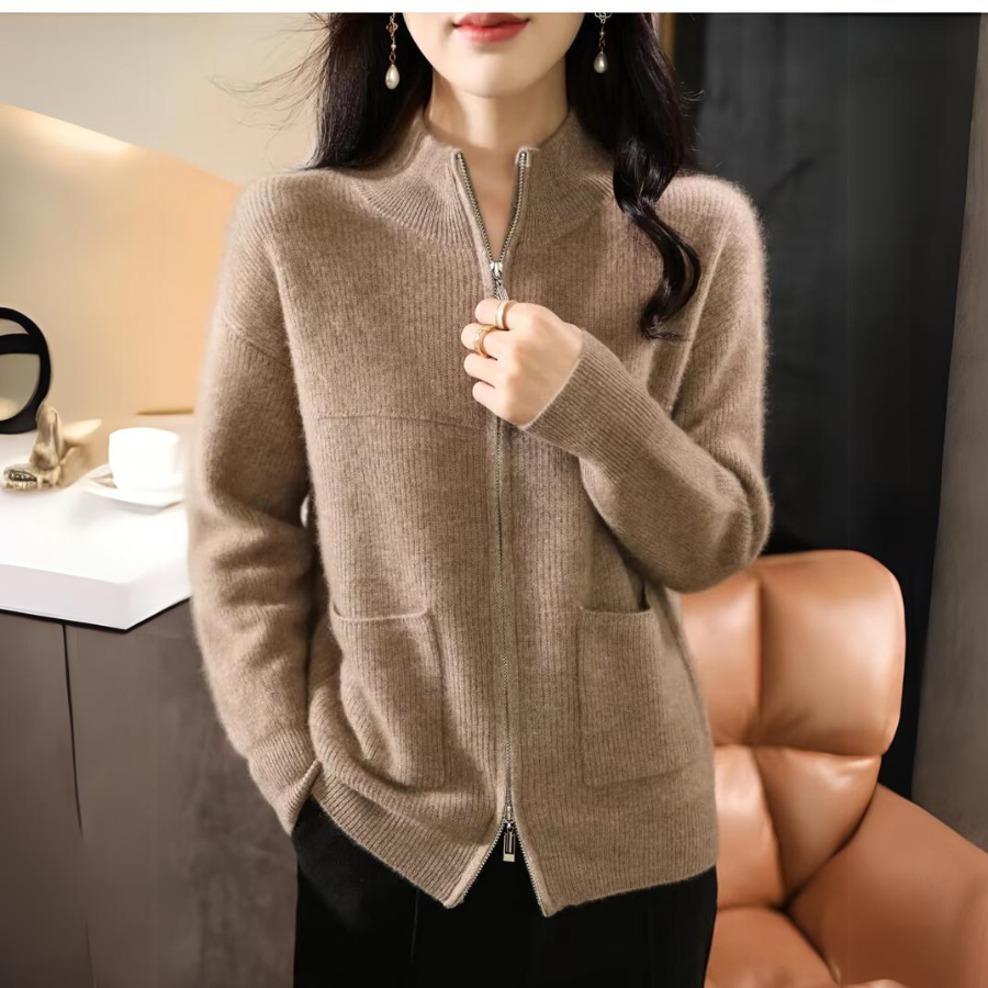Soft knit zip-up sweater with high neckline for women | Catherine Vale