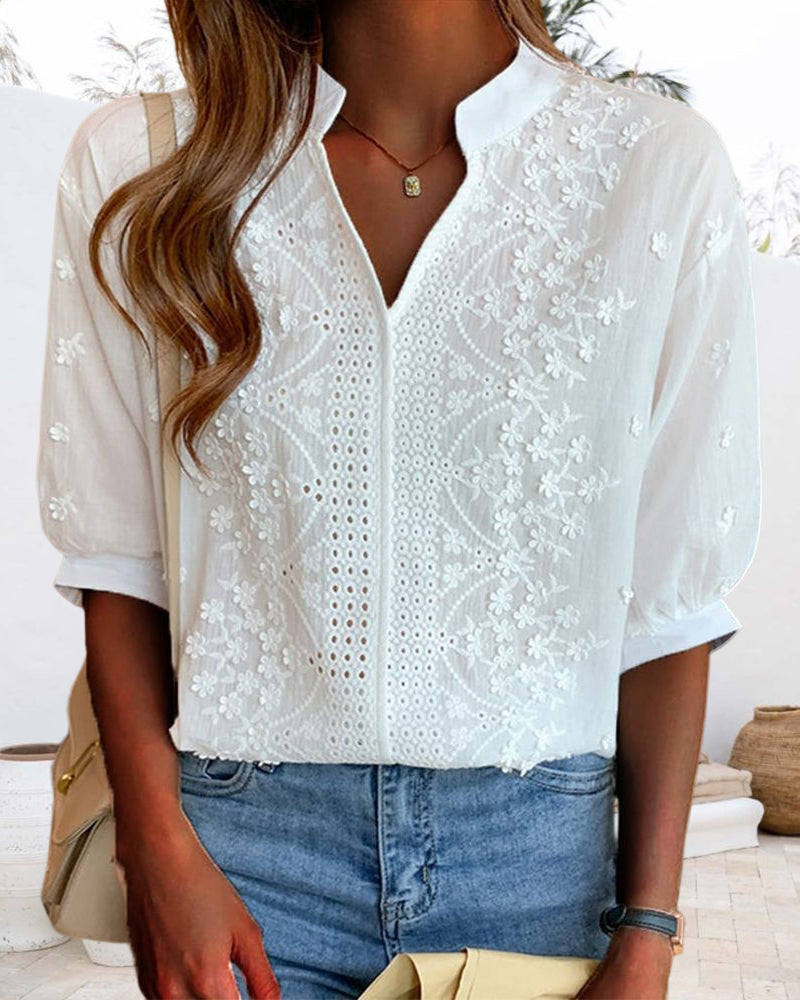 V-neck puff-sleeve patchwork blouse for women | Amélie -3