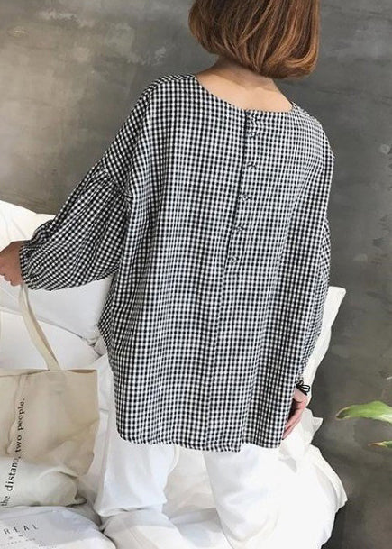 Plaid asymmetric plus-size cotton blouse for women -3