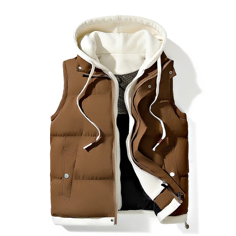 Hooded puffer gilet with zip front and contrast detail for men | Aspen