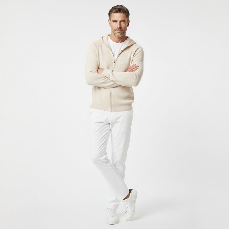 Lightweight full zip knit hoodie with ribbed trim for men | Orvane