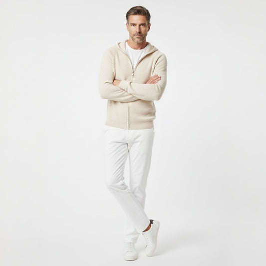 Lightweight full zip knit hoodie with ribbed trim for men | Orvane