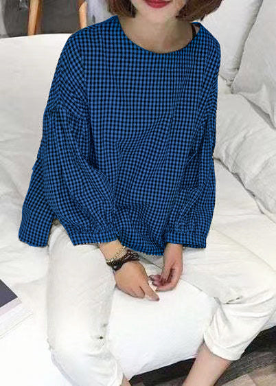 Plaid asymmetric plus-size cotton blouse for women -11