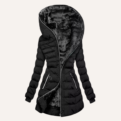 Winter hooded coat with asymmetrical zip and plush lining for women | Gina