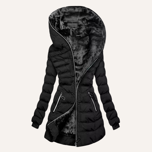 Winter hooded coat with asymmetrical zip and plush lining for women | Gina