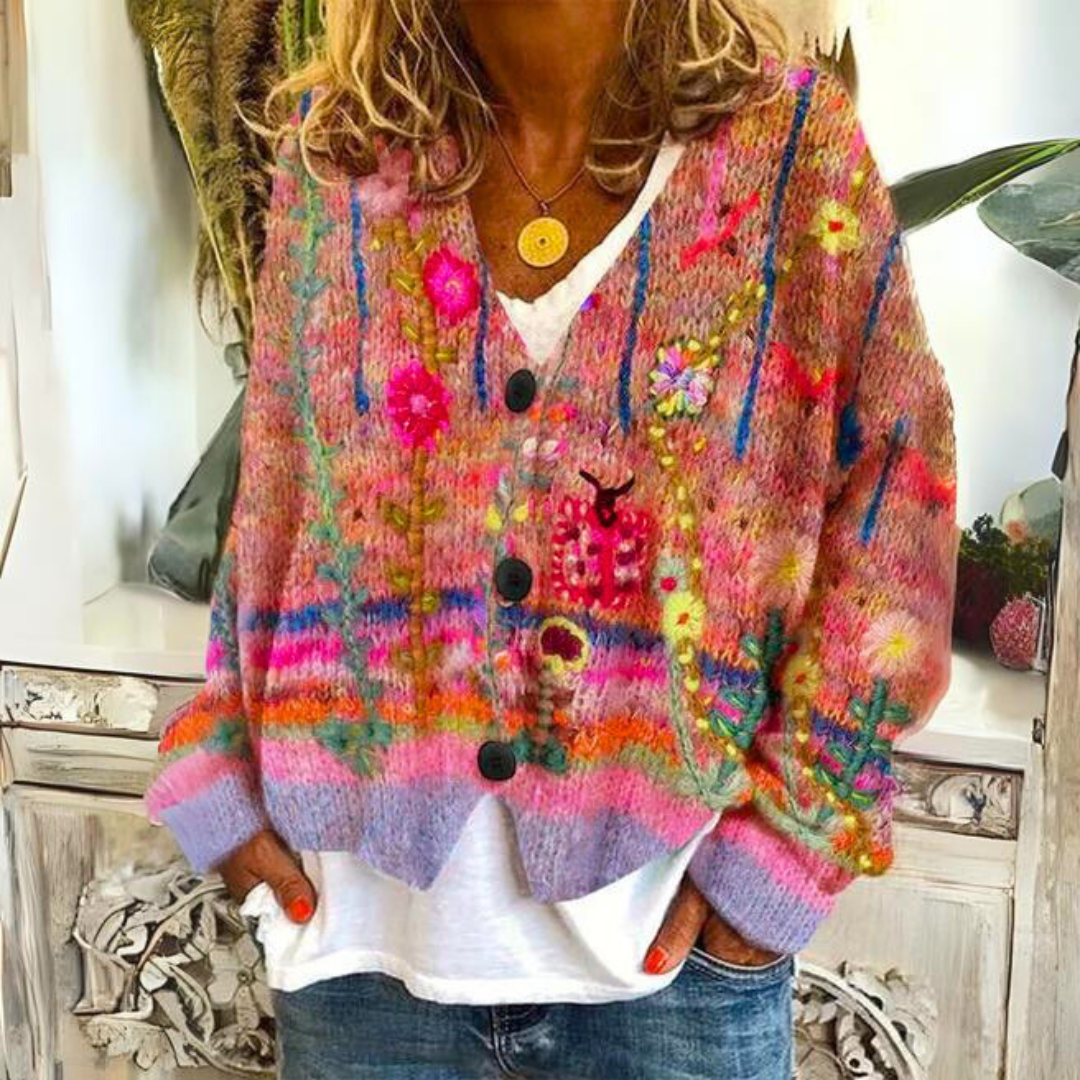 Relaxed floral embroidered bohemian cardigan for women | Elisa -3