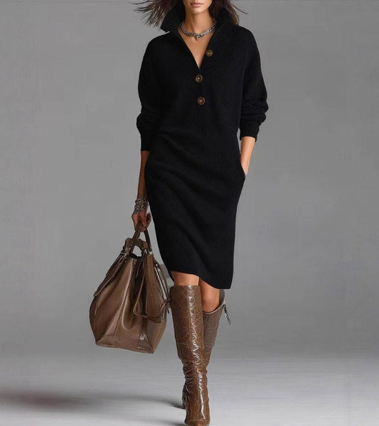 Warm long sleeve knit dress with high collar detail for women | Carmen