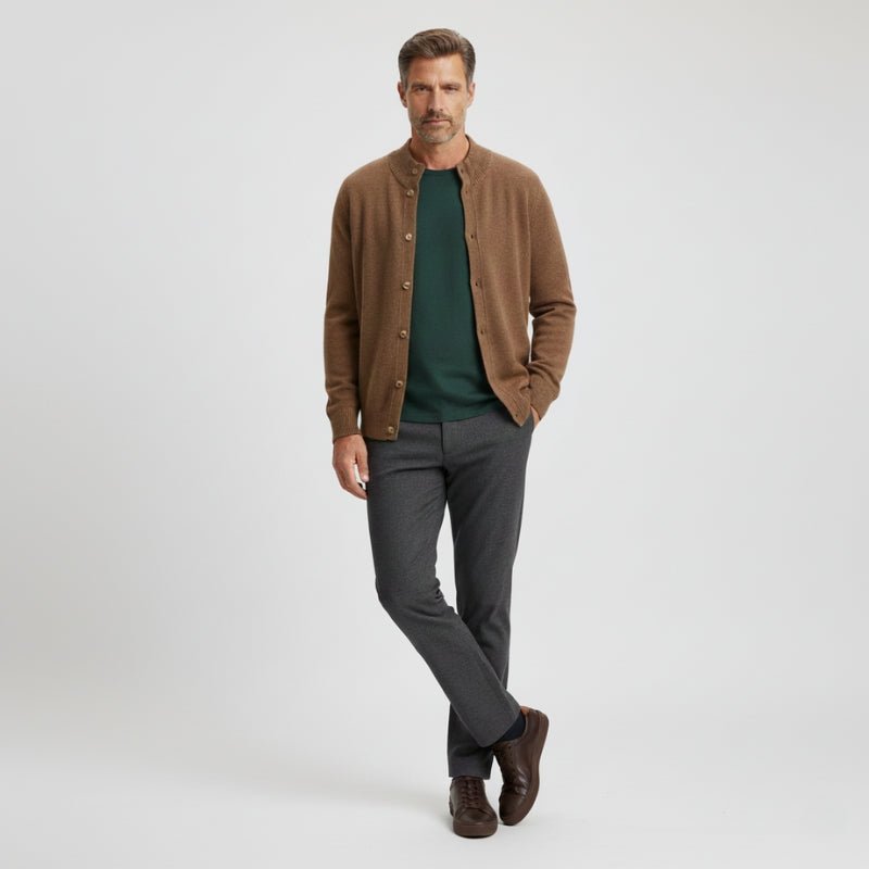 Refined button front knit jacket with ribbed detailing for men | Caelric